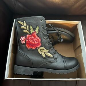 Wild Diva Black Combat Boots with Floral Embroidery